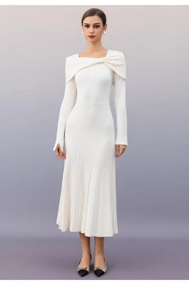 Knot Detail Cape Overlay Knit Dress in Cream