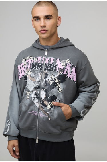 Oversized Boxy Glitter Print Spray Wash Graphic Zip Up Hoodie - charcoal