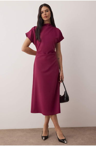 Dark purple plain a-line gathered/draped midi woven dress