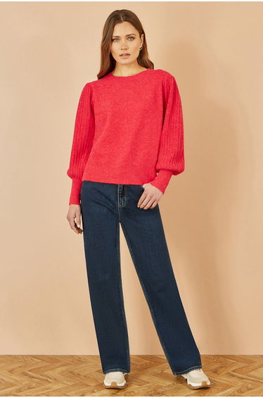 Yumi Red Knitted Balloon Sleeve Textured Jumper