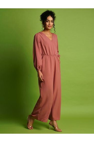 Solid Wrap Neck Balloon Sleeves Gathered Waist Jumpsuit