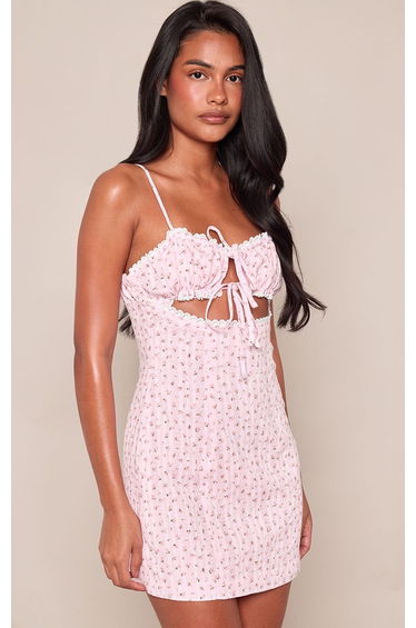 Pink Floral Print Cut Out Strappy Shift Mini Dress