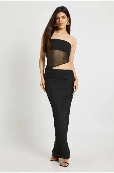 Bandeau Drape Skirt Mesh Maxi Dress - black