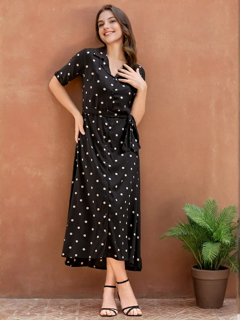 Black Polka Dot Short Sleeve Midi Dress Freehand Multicolour : Day Dresses  : VogaCloset Oman