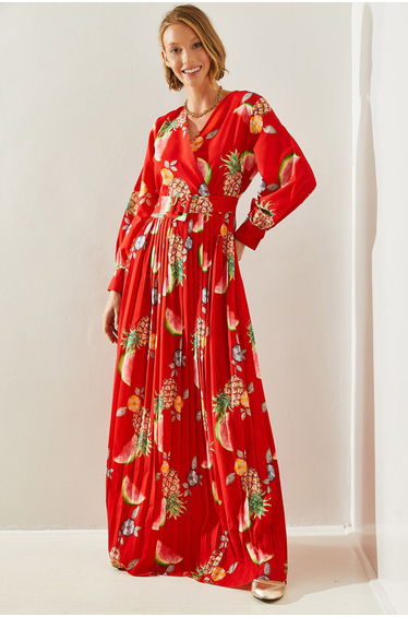 Women's Double-breasted Floral Patterned Pleated Belt Detailed Long Dress