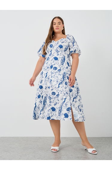 Plus Size Puff Sleeve Printed Midi Dress