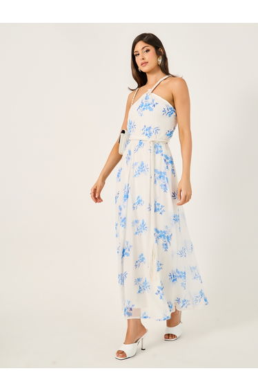 All-Over Floral Print Braid Detail A-Line Maxi Dress