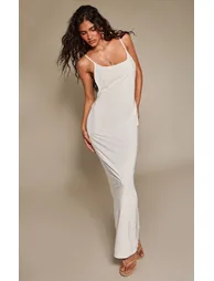 Cream Double Layer Slinky Scoop Neck Open Back Trim Detail Maxi Dress