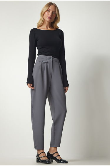 Women's Gray Elegant Woven Pants with Buttons