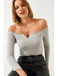 Women's Drawstring Neck Crop Knitted Blouse - 3