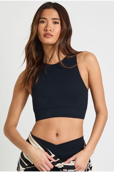 Contour Ribbed Padded Seamless Racer Back Active Top - black