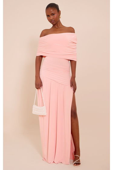 Blush Double Layer Slinky Bardot One Shoulder Ruched Maxi Dress