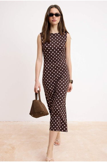 Brown Polka Dot Bodycon Boat Neck Sleeveless Maxi Stretchy Knitted Dress