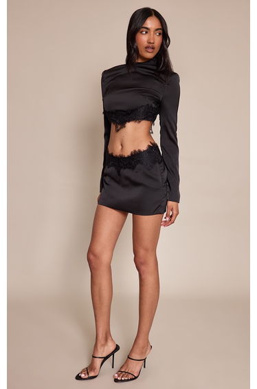 Black Satin Lace Trim Mini Skirt