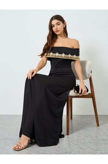 Women Black Embellished Off Shoulder Maxi Dress