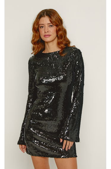 Black Sequin Flare Sleeve Mini Dress
