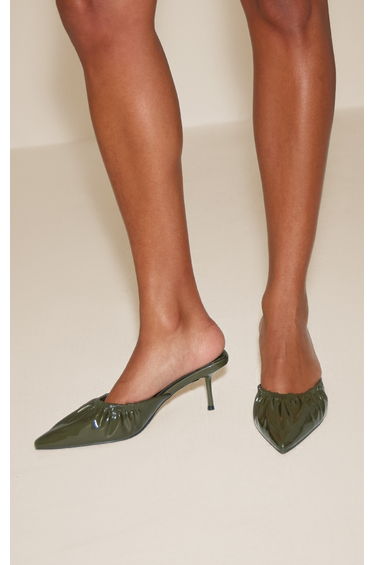Olive Crinkle PU Ruched Low Heel Court Mule