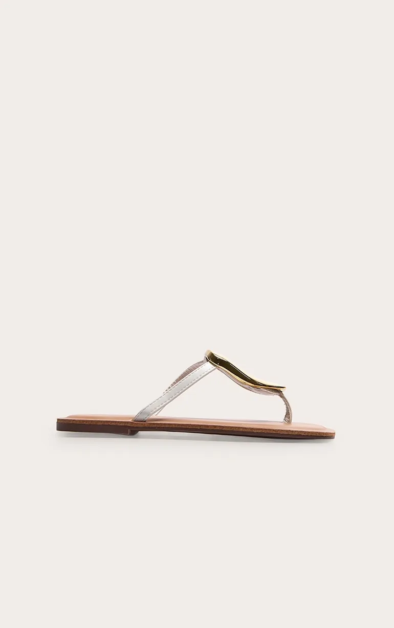 White Pu Square Toe Thong Trim Detail Resin Sole Flat Sandals - 2