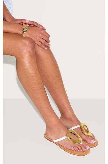 White Pu Square Toe Thong Trim Detail Resin Sole Flat Sandals