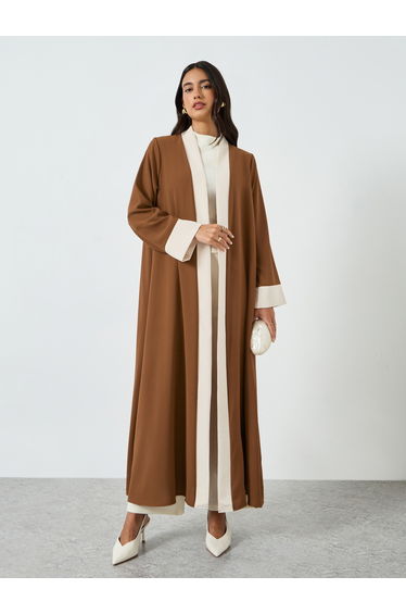 Brown Contrast Panel Front Open Abaya