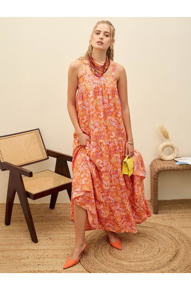 Orange Paisley Print Sleeveless Tiered Maxi Dress