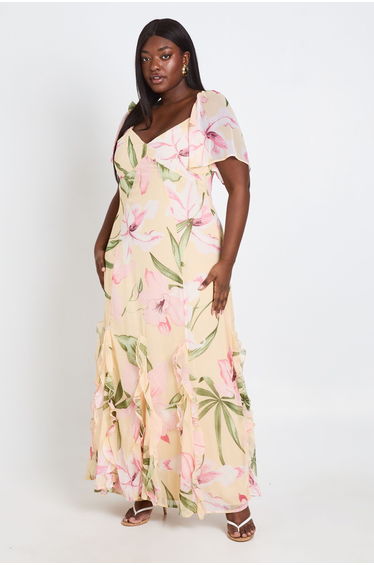 Plus Floral Chiffon Puff Sleeve Ruffle Maxi Dress - lemon