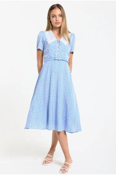 Blue Floral Lace Collar Midi Dress