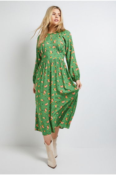 Petite Green Ditsy Blouson Sleeve Keyhole Detail Midi Dress