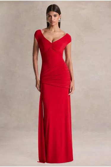 Petronia | Red V-Neck Maxi Dress With Wrap-Detail