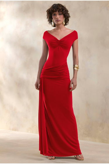 Petronia | Red V-Neck Maxi Dress With Wrap-Detail