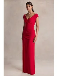 Petronia | Red V-Neck Maxi Dress With Wrap-Detail - 4