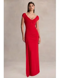 Petronia | Red V-Neck Maxi Dress With Wrap-Detail - 5