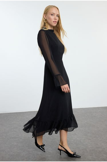 Black Animal Patterned A-Line Stand Collar Midi Lined Chiffon Woven Dress