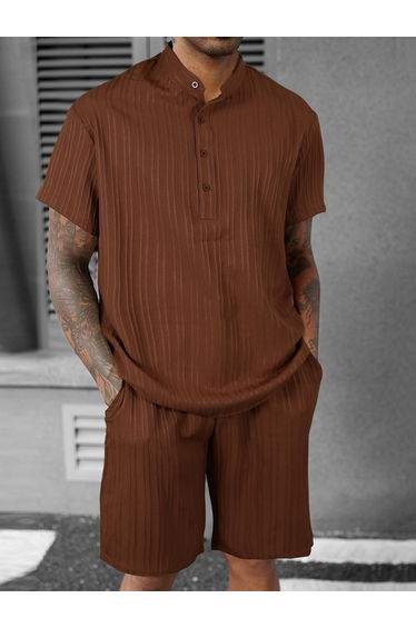 Men Brown Textured Stand Collar Short Sleeve Polo T-Shirt and Shorts Co-Ords