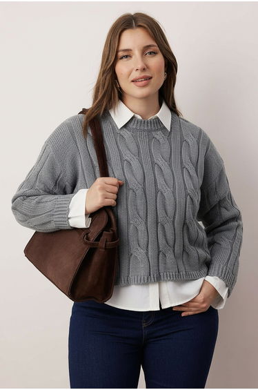 Dark grey shirt collar detail cable knit sweater