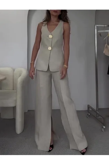 Slim-Fit Vest Slit Wide Leg Pants Suit