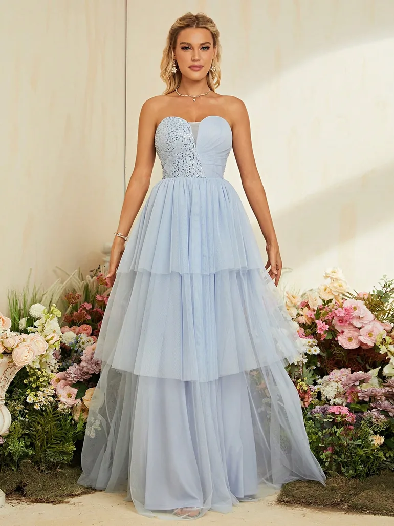 strapless light blue sequin tiered a-line long dress Strapless A Line Maxi Dress Light Blue