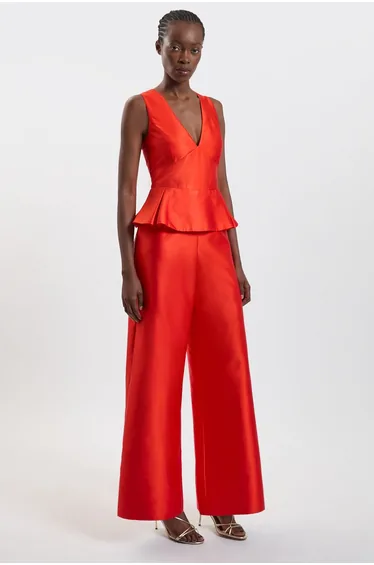 Satin Twill Peplum Wide Leg Jumpsuit