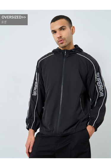 Men Black Oversized Superior Print Windbreaker Jacket