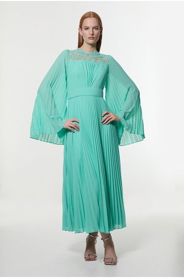 Soft Pleated Woven Kimono Sleeve Maxi Dress