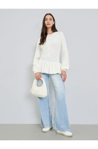 Solid Button Front Ruffled Hem Sweater