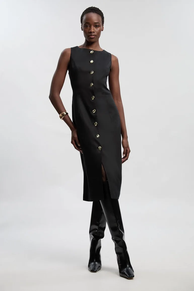 Tailored Linen Statement Button Front Pencil Midi Dress - 1