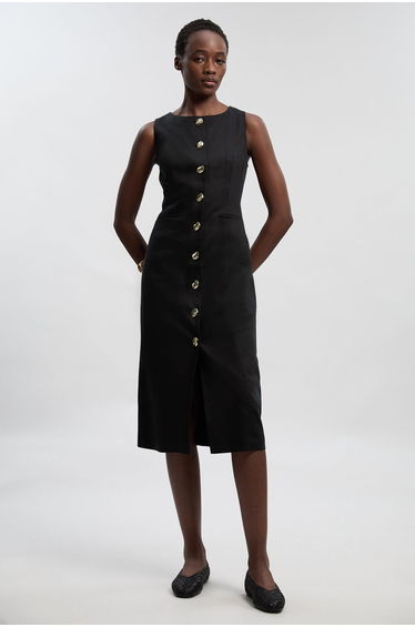 Tailored Linen Statement Button Front Pencil Midi Dress