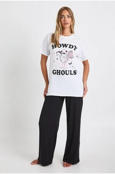 Halloween 'Howdy Ghouls' Graphic Oversized T-Shirt & Trousers Pyjama Set - black