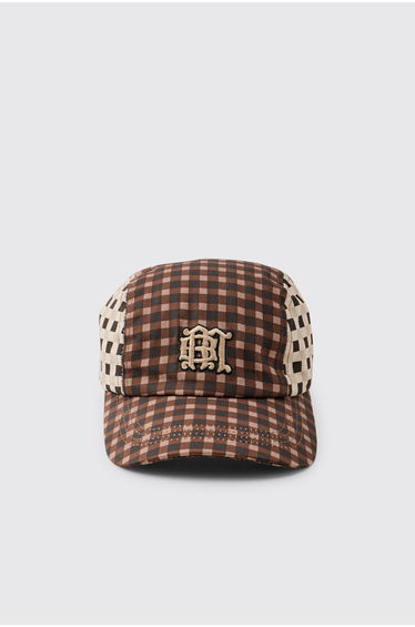 Gingham Printed Nylon Cap With Bungee Drawcord - brown