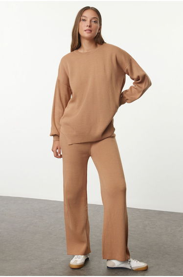 Camel Wide Pattern Balloon Sleeve Knitwear Bottom-Top Set