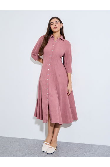 Pleated waist 3/4th Sleeves Shirt Midi Dress