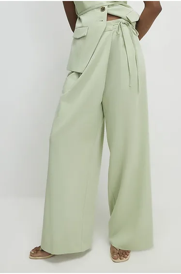 Green Wrap Detail Wide Leg Trousers
