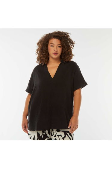 Cotton gauze blouse with polo collar BLACK