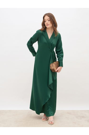 Plain Satin Pleated Wrap Maxi Dress with Notch Lapel